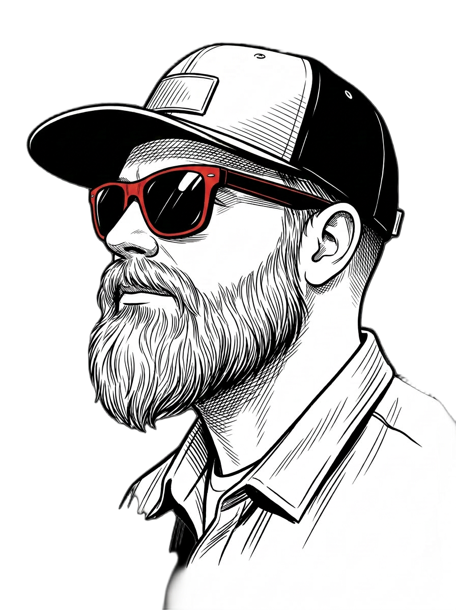 Editorial line illustration of Dan Jacobs in a snapback and sunglasses